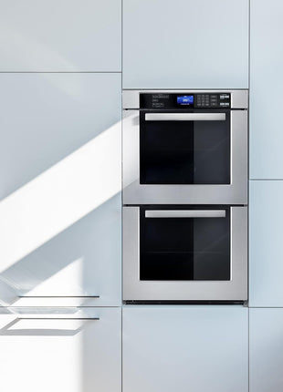 30 in. Haven Coll Double Electric Wall Oven, True Convection, Stainless | Cosmo COS-30EDWC Blue Porcelain, Self Clean Function, 7 Oven Functions, Digital Display, Interior Lighting