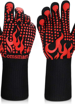 Comsmart BBQ Gloves, 1472 Degree F Heat Resistant Grilling Gloves Silicone Non-Slip Oven Gloves Long Kitchen Gloves for Barbecue, Cooking, Baking, Cutting