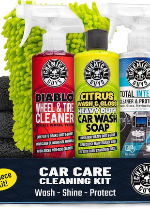 Chemical Guys Car Cleaning Kit - With Car Wash Soap, Wheel Cleaner, Total Interior, Car Wash Mitt - Interior and Exterior Wash Kit With Vehicle Cleaning and Detailing Accessories - 7 Item Kit