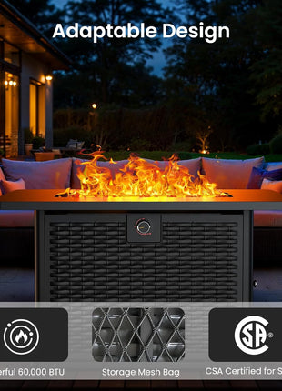 Ciays 43-Inch Rectangular Propane Fire Pit with 60,000 BTU Output, Fire Pit Table Premium Gas for Outside Patio with 304 Stainless Steel H-Burner, Glass Stones, and Wind Guard,Black