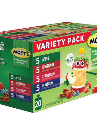 Mott's No Sugar Added Applesauce Variety Pack, 4 Flavors – Apple, Strawberry, Cinnamon & Blueberry, Made from Real Fruit, No Artificial Flavors, 3.2 Clear Pouches, 20 Pack