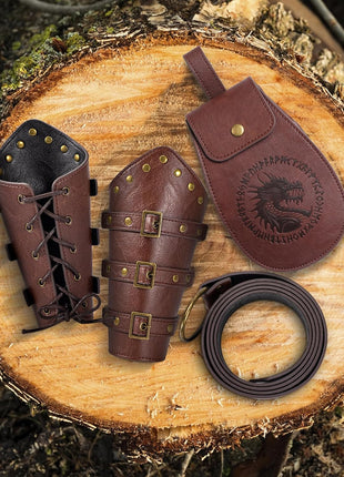 Berenlu 3 PCS Renaissance Accessories, Viking Belt, Medieval Vintage Belt Pouch & Leather Bracers for Halloween LARP Cosplay
