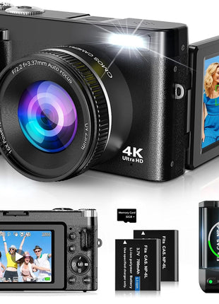 4K Digital Camera for Photography and Video, Autofocus 48MP Vlogging Camera for YouTube with 3'' 180°Flip Screen 16X Zoom Compact Travel Cameras with SD Card, 2 Batteries, Anti-Shake, Flash (Black)