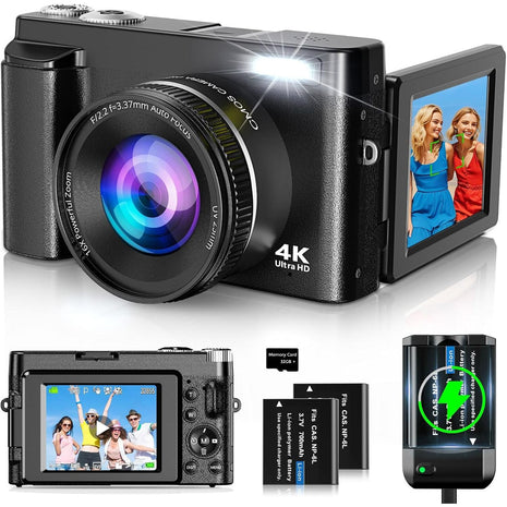 4K Digital Camera for Photography and Video, Autofocus 48MP Vlogging Camera for YouTube with 3'' 180°Flip Screen 16X Zoom Compact Travel Cameras with SD Card, 2 Batteries, Anti-Shake, Flash (Black)