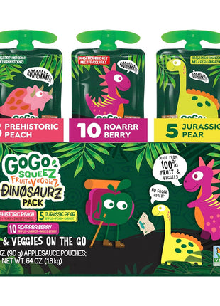 GoGo squeeZ Fruit & veggieZ Applesauce and Puree Variety Pack, Jurassic Pear, Roarrrr Berry & Prehistoric Peach, 3.2 oz (Pack of 20), Unsweetened Snacks for Kids, BPA Free Pouches