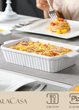 MALACASA Casserole Dishes for Oven, Ceramic Baking Dishes Set of 4, White | Rectangular Deep Lasagna Pans with Handles for Roasting Vegetable, Cake, Durable Bakeware, Wedding Gift(9.4/11.1/12.2/14.7")