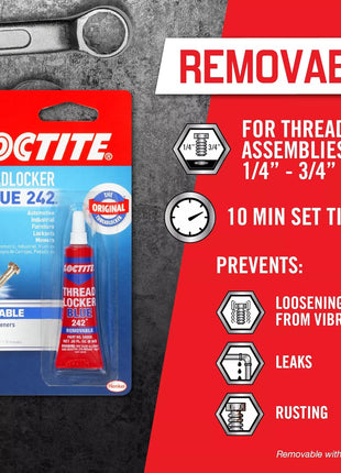 Loctite Threadlocker Blue 242 - Removable Thread Lock Glue for Nuts, Bolts, & Fasteners, Medium Strength Screw Glue to Prevent Loosening & Corrosion - 6 ml, 1 Pack