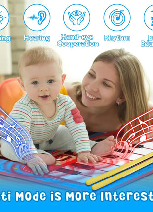 2-in-1 Musical Mat Toys for 1 2 3 4 5 Year Old, Piano Keyboard & Drum Set with 2 Drum Sticks, Early Educational Musical Learning Toys Birthday for 1 2 3 4 5 Year Old Boys & Girls, Blue
