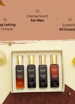 Bella Vita Luxury Long Lasting Perfume Gift Set for Man | 4x20ml | Gifts for Men | Woody, Citrusy, Oud, Premium Fragrance Scent | KLUB, OUD, CEO, G.O.A.T