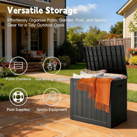 Mars Villa 31 Gallon Deck Box, Waterproof Weatherproof and UV Resistant Resin Storage Bin with Lockable Lid, for Outdoor Patio Furniture Cushions, Pool Supplies, Garden Tools, Black