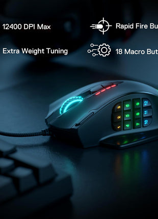 Redragon M908 Impact RGB LED MMO Gaming Mouse with 12 Side Buttons, Optical Wired Ergonomic Mouse with Max 12,400DPI, High Precision, 18 Programmable Macro Shortcuts, Comfort Grip