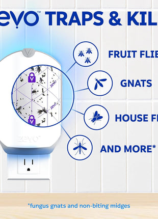 Zevo Flying Insect Trap & 3 Refill Cartridges   Plug in Fly Trap & Indoor Bug Catcher for Gnats, House & Fruit Flies   Blue & UV Light Technology, Mess Free Alternative to Bug Zapper