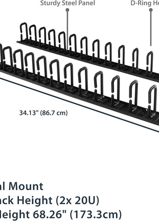 StarTech 2-Pack 20U Vertical Server Rack Cable Management with D-Ring Hooks, 40U Network Rack Cord Manager Panels, 2x 3ft (91cm) Wire Organizers