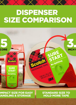Scotch Sure Start Packing Tape, Clear, Quiet Unwind and Easy Start, 1.88 in. x 22.2 yd., 6 Tape Rolls with Dispensers