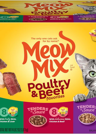 Meow Mix Tender Favorites Poultry & Beef Variety Pack, Wet Cat Food, 2.75 oz Cup (24 Pack)