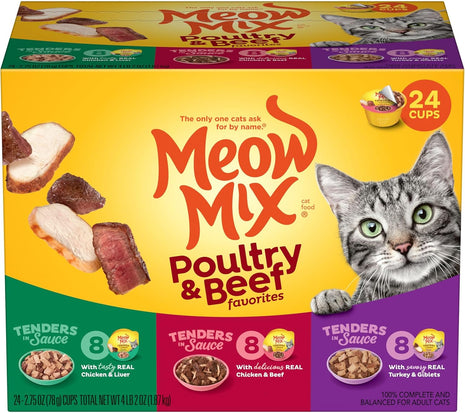 Meow Mix Tender Favorites Poultry & Beef Variety Pack, Wet Cat Food, 2.75 oz Cup (24 Pack)