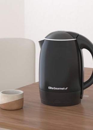 Elite Gourmet EKT1821 1.8L Cool-Touch Kettle, 1500W Stainless Steel, Black | Double Wall Insulated, Stainless Steel Interior & Lid, 360° Swivel Base, Power-On Lever, Auto Shut-Off & Boil-Dry Protection