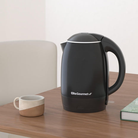 Elite Gourmet EKT1821 1.8L Cool-Touch Kettle, 1500W Stainless Steel, Black | Double Wall Insulated, Stainless Steel Interior & Lid, 360° Swivel Base, Power-On Lever, Auto Shut-Off & Boil-Dry Protection