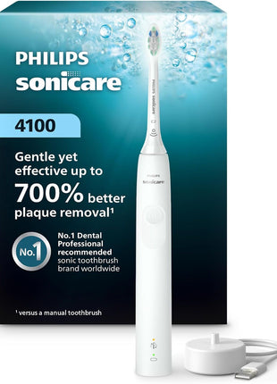 Philips Sonicare 4100 Rechargeable Electric Toothbrush, with Pressure Sensor, 2 Intensity Settings, SmarTimer and QuadPacer, 14-Day Battery Life, White, Model HX3681/23