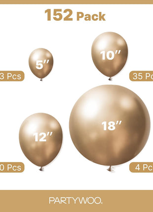 PartyWoo Metallic Gold Balloons 152 pcs Chrome Gold Balloons Different Sizes Pack of 18 12 10 5 Inch Gold Balloon Arch Kit Balloon Garland for Birthday Graduation New Year Party Decorations Gold G127