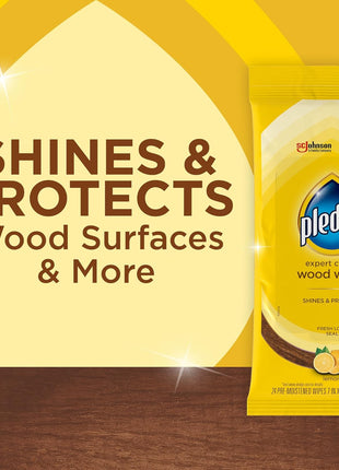 Pledge Expert Care Enhancing Wood Wipes, Lemon Scent, 24 Count