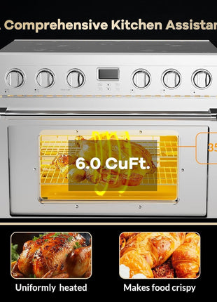 36" Stainless Steel Electric Range - 6 Cu.Ft Convection Oven with 5-Element Glass Cooktop, 6 Cooking Functions, Silver