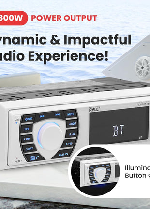 Pyle Marine Radio Receiver Speaker Set 12v Single Din Style Bluetooth Compatible Waterproof Digital Boat In Dash Console System with Mic 4 Speakers, Remote Control, Wiring Harness PLMRKT38W (White)