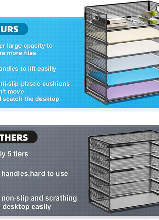 Marbrasse 6 Tier Paper Organizer Letter Tray - Mesh Desk File Organizer with Handle, Paper Sorter Organizer for Letter/A4 Office File Folder Holder - Black