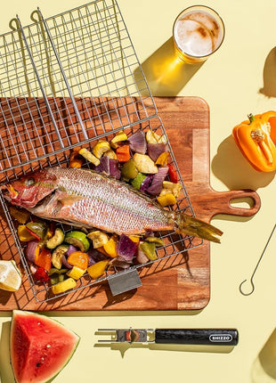 SHIZZO Grill Basket Set, Barbecue BBQ Grilling, Stainless Steel Folding Portable Outdoor Camping Rack for Fish, Shrimp, Vegetables, Cooking Accessories, Gifts for Dad, husband, Friends
