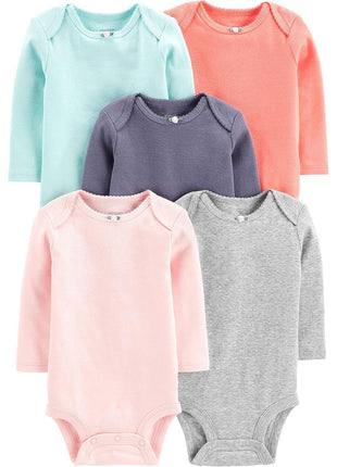 Simple Joys by Carter's Baby Girls' 5-Pack Long-Sleeve Bodysuit, Mint Green/Navy Dots/Pink/Butterflies/Floral, 18 Months