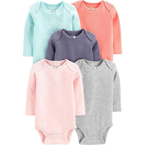 Simple Joys by Carter's Baby Girls' 5-Pack Long-Sleeve Bodysuit, Mint Green/Navy Dots/Pink/Butterflies/Floral, 18 Months