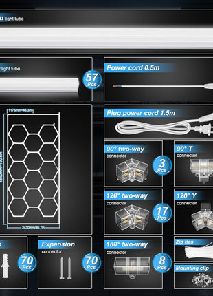 FERUERW Hexagon Garage Lights with Rectangle Frame, High Brightness 672W 86400LM 6500K, 14 Hex Grid for Garage, Shop, Basement, Car Detailing Shop etc. with Mounting Clip
