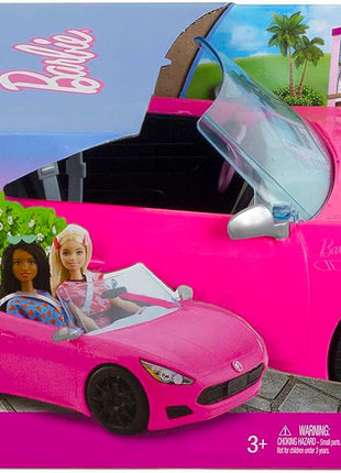 Barbie Convertible 2-Seater Vehicle, Pink Car with Rolling Wheels & Realistic Details, Gift for 3 to 7 Year Olds