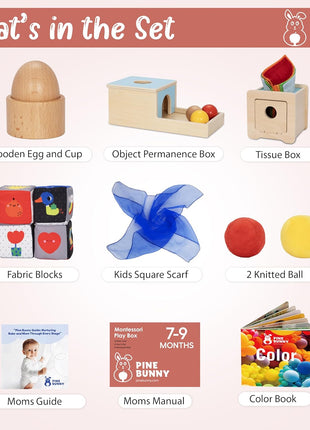 Pine Bunny Montessori Wooden 10-in-1 Toy Set for 7+ Months, Object Permanence Box, Egg and Cup, Tissue Box, Fabric Blocks, Scarf, Educational Learning Sensory Development Fine Motor Skills Baby Toys