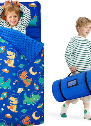 JOIEDOMI Toddler Nap Mat with Removable Pillow and Minky Blanket 55''x30'' Kids Sleeping Bag for Boys and Girls Ages 3-6 Roll Up Soft Nap Mats for Preschool Kindergarten Daycare Sleepover