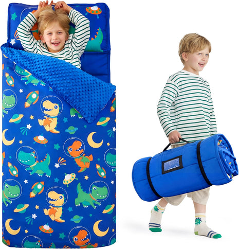 JOIEDOMI Toddler Nap Mat with Removable Pillow and Minky Blanket 55''x30'' Kids Sleeping Bag for Boys and Girls Ages 3-6 Roll Up Soft Nap Mats for Preschool Kindergarten Daycare Sleepover