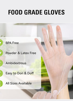 SWIFTLITE Disposable Vinyl Gloves, Food Safe, Latex-Free Powder-Free Clear Plastic Gloves for Cooking, House Clean, Food Prep (100, Medium)