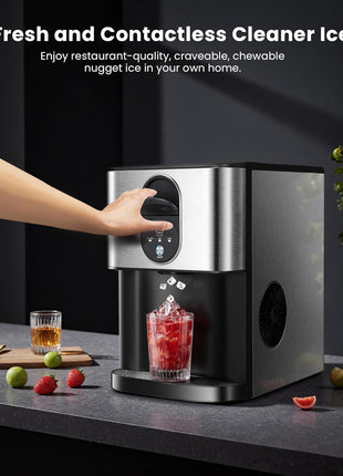 Nugget Ice Makers Countertop, Pellet Ice Maker Machine Dispenser with Water Reservoir, Self-Cleaning, 44lbs/24H Soft Chewable Ice Maker Machine for Home/Kitchen/Office, Black Stainless
