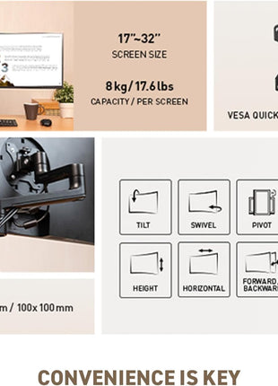 MSI PRO MT81D - Premium Aluminum Dual Monitor Stand Arms, Supports 17-32" & 17.6 lbs per Screen, VESA Compatible, Adjustable Desk Mount, Clamp & Grommet Base, Quick Release Plate - Black