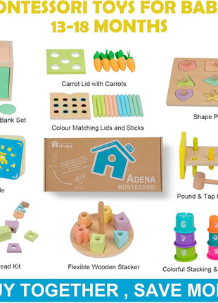 Adena Montessori 6 in 1 Sensory Play Kit 13-18 Months Baby | Made for newborns to build motor skills & hand-eye coordination, it brings diverse sensory play with smooth wooden toys.