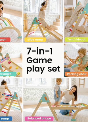 Tiny Land Pikler Triangle Set,7-in-1 Foldable Montessori Climbing Toys | Indoor Wooden Playground Jungle Gym for Kids, Climber Gift for Boys & Girls Toddler Climbing Toys (Rainbow)