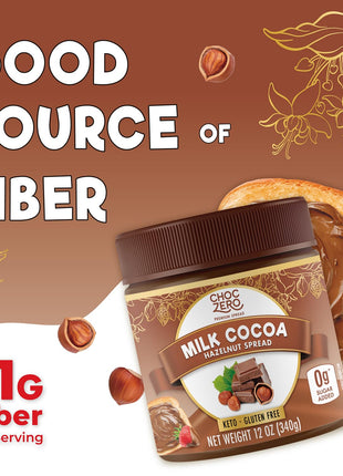 ChocZero Milk Chocolate Hazelnut Spread - No Added Sugar, Keto Friendly Low-Carb Chocolate Hazelnut Dessert & Bread Topping, Gluten Free, High Fiber, 12 oz Jar
