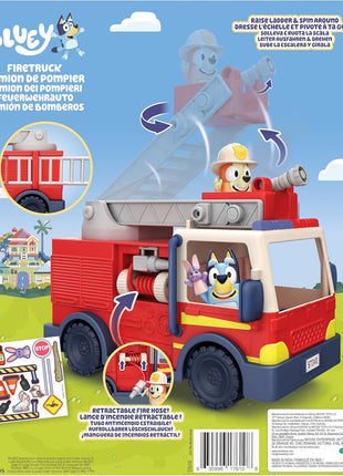 Bluey Firetruck Toy Playset with Firefighter Bingo, Bluey & Bob Bilby, Toddler Fire Truck w/ Spinning Ladder, Water Hoses for Kids Ages 3+