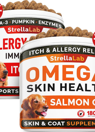 Allergy Relief + Omega 3 Dogs Bundle - Itchy Skin Treatment + Allergy & Itch Relief Skin&Coat Supplement - Omega3 & Pumpkin - Dog Itch Relief - 300 Chews - Peanut Butter + Chicken Flavor - Made in USA