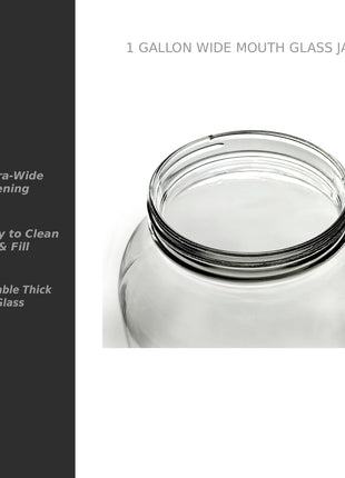 North Mountain Supply 1 Gallon Glass Jar, Black Plastic Lid | Wide Mouth, USDA Certified, BPA-Free, For Fermenting, Storing, Canning