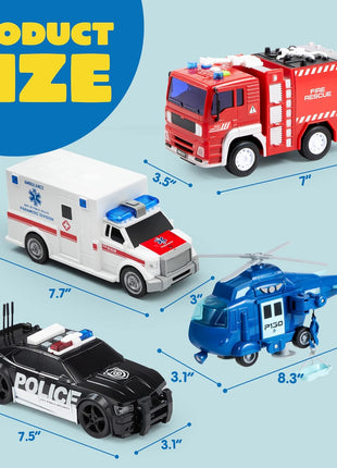 JOYIN 4 Packs Emergency Vehicle Toy Playsets, Friction Powered Vehicles with Light and Sound, Including Fire Truck, Ambulance, Play Police Car and Helicopter, Toddler Kids Boys Gifts