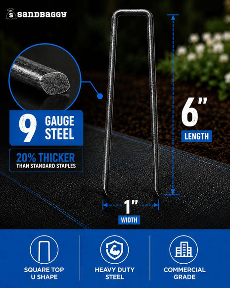 Sandbaggy 6 inch Landscape Sod Staples (9 Gauge Steel) ~ Great for Hard Soil - 20% Thicker Than Competition - Trusted by Farmers & Contractors Across USA (200 Staples)