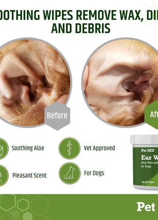 Pet MD - Dog Ear Cleaner Wipes - Otic Cleanser for Dogs to Stop Ear Itching, and Infections with Aloe and Eucalyptus - 100 Count