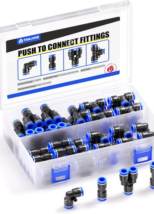 TAILONZ PNEUMATIC 1/4 Inch od Push to Connect Fittings Pneumatic Fittings Kit 10 Spliters Elbows tee Straight (40 pcs)