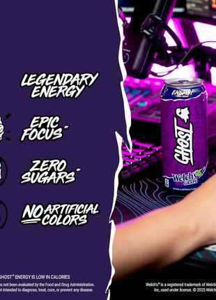 GHOST Energy Drink, Zero Sugars, 12-Pack, Welch's Grape, 16oz | Energy & Focus Pre Workout Drink, No Artificial Colors, Gluten-Free, Vegan - 200MG Natural Caffeine, L-Carnitine, Taurine